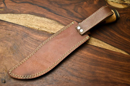 14" Handmade Damascus Steel Bowie Hunting Knife – Walnut Wood Handle & Leather Sheath