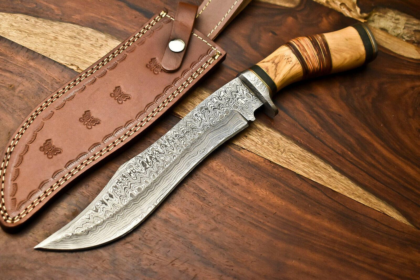 14" Handmade Damascus Steel Bowie Hunting Knife – Walnut Wood Handle & Leather Sheath