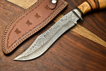 14" Handmade Damascus Steel Bowie Hunting Knife – Walnut Wood Handle & Leather Sheath