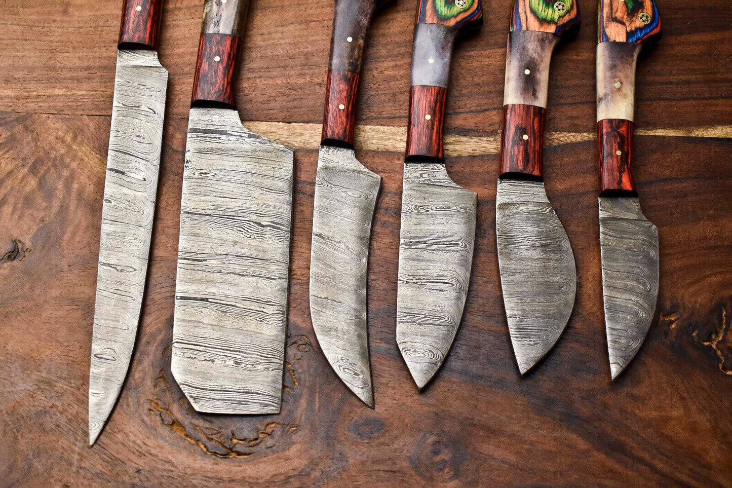 6-Piece Custom Handmade Hammered Damascus Steel Chef Knife Set – Professional Kitchen Knives