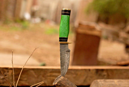 8 Inch Damascus Steel Bowie Knife with Resin Handle and Brass Guard