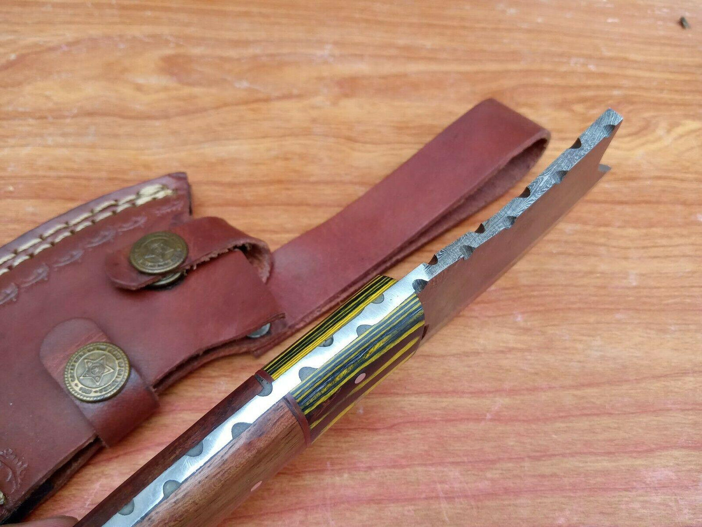 Handmade Damascus Steel Mini Hunting Axe Knife with Wood Handle and Leather Sheath