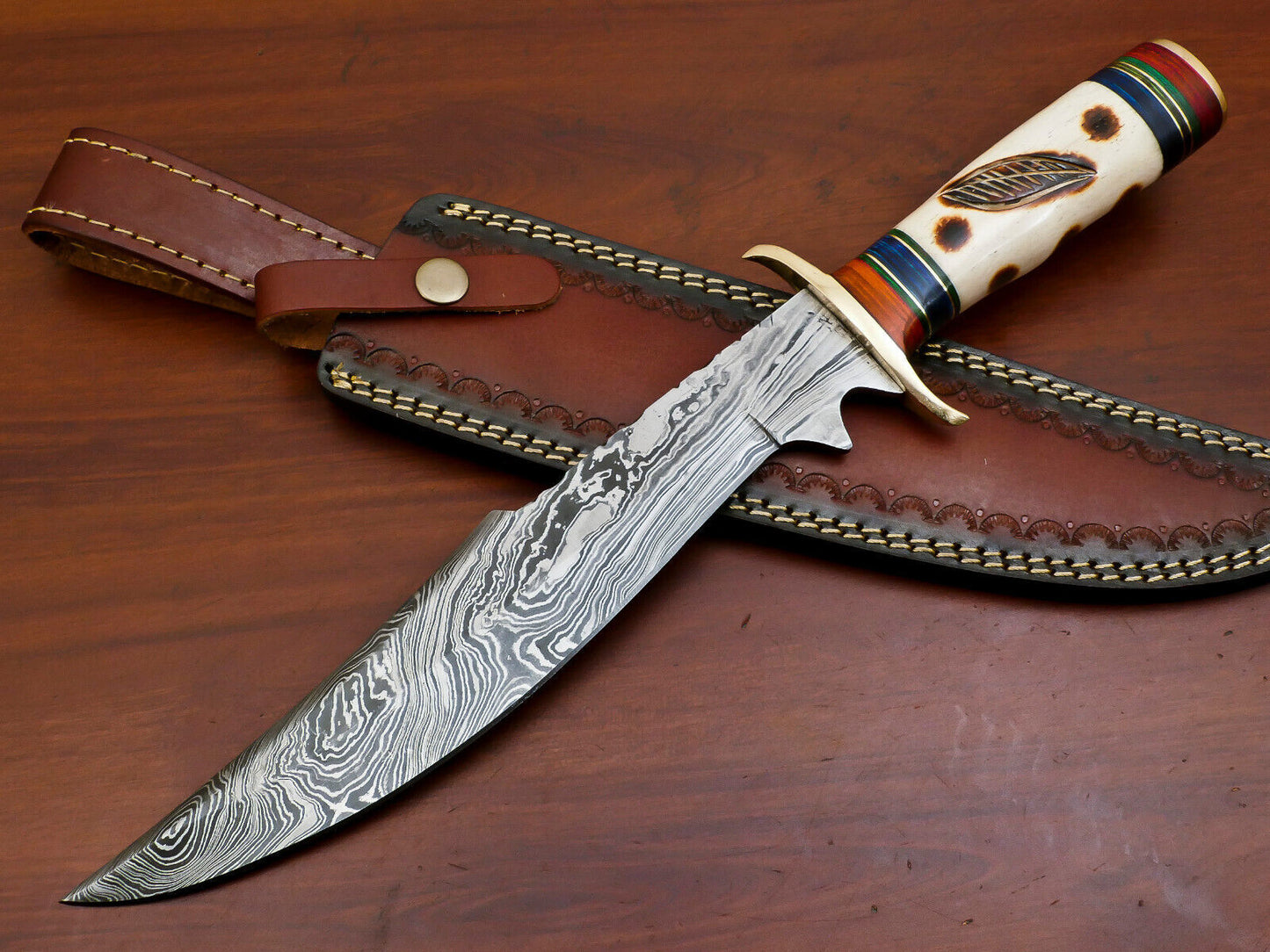 15" Damascus Steel Bowie Knife | Camel Bone & Pakka Wood Handle