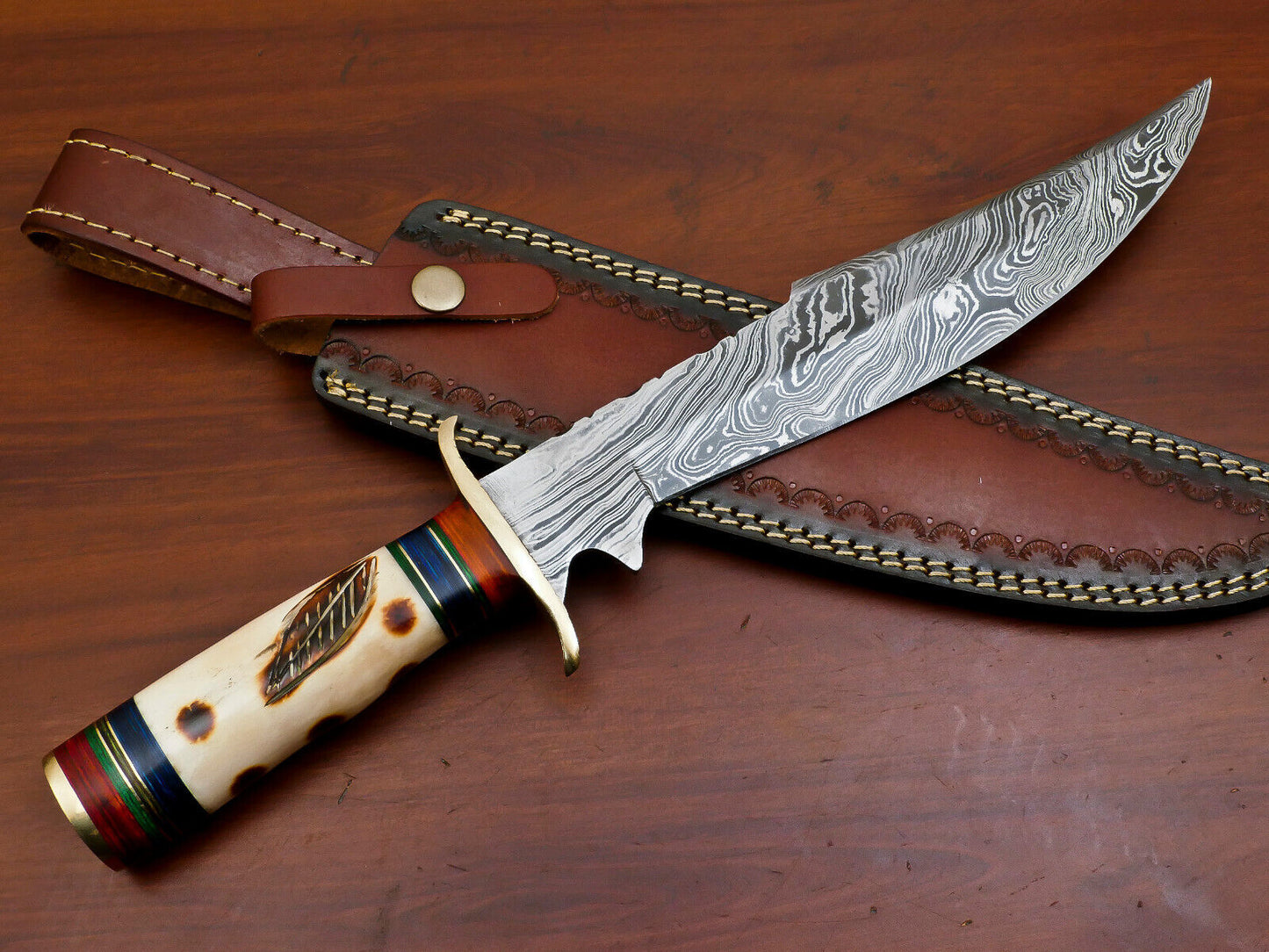 15" Damascus Steel Bowie Knife | Camel Bone & Pakka Wood Handle