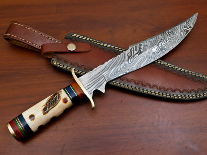 15" Damascus Steel Bowie Knife | Camel Bone & Pakka Wood Handle
