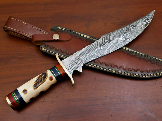 15" Damascus Steel Bowie Knife | Camel Bone & Pakka Wood Handle
