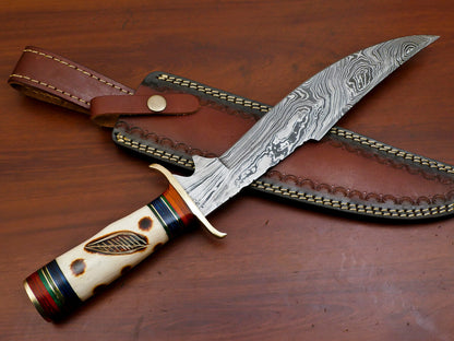 15" Damascus Steel Bowie Knife | Camel Bone & Pakka Wood Handle