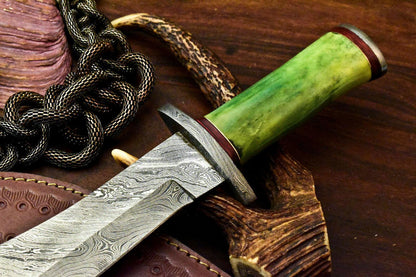 Damascus Steel Bowie Knife | 13" Hand-Forged Blade with Stained Camel Bone Handle