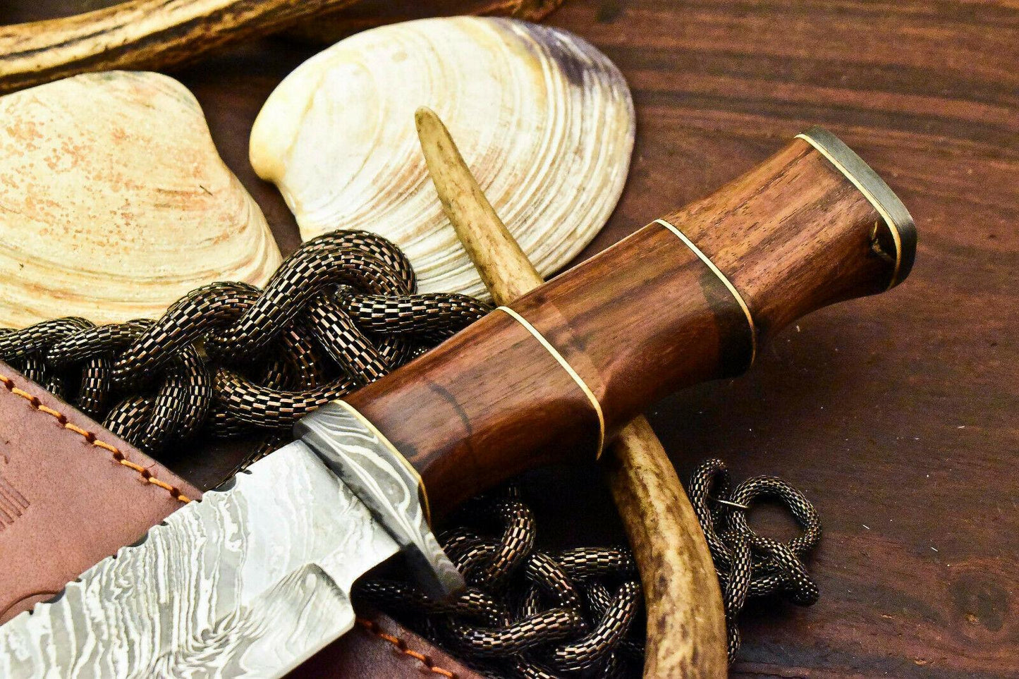 Damascus Bowie – 12.5" Handmade Hunting Knife with Walnut Wood Handle & Leather Sheath