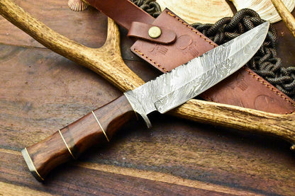 Damascus Bowie – 12.5" Handmade Hunting Knife with Walnut Wood Handle & Leather Sheath