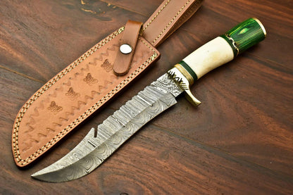 13.5" Handmade Damascus Bowie Knife – Hardwood and Bone Handle & Leather Sheath