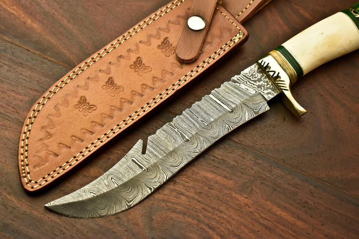 13.5" Handmade Damascus Bowie Knife – Hardwood and Bone Handle & Leather Sheath