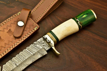 13.5" Handmade Damascus Bowie Knife – Hardwood and Bone Handle & Leather Sheath