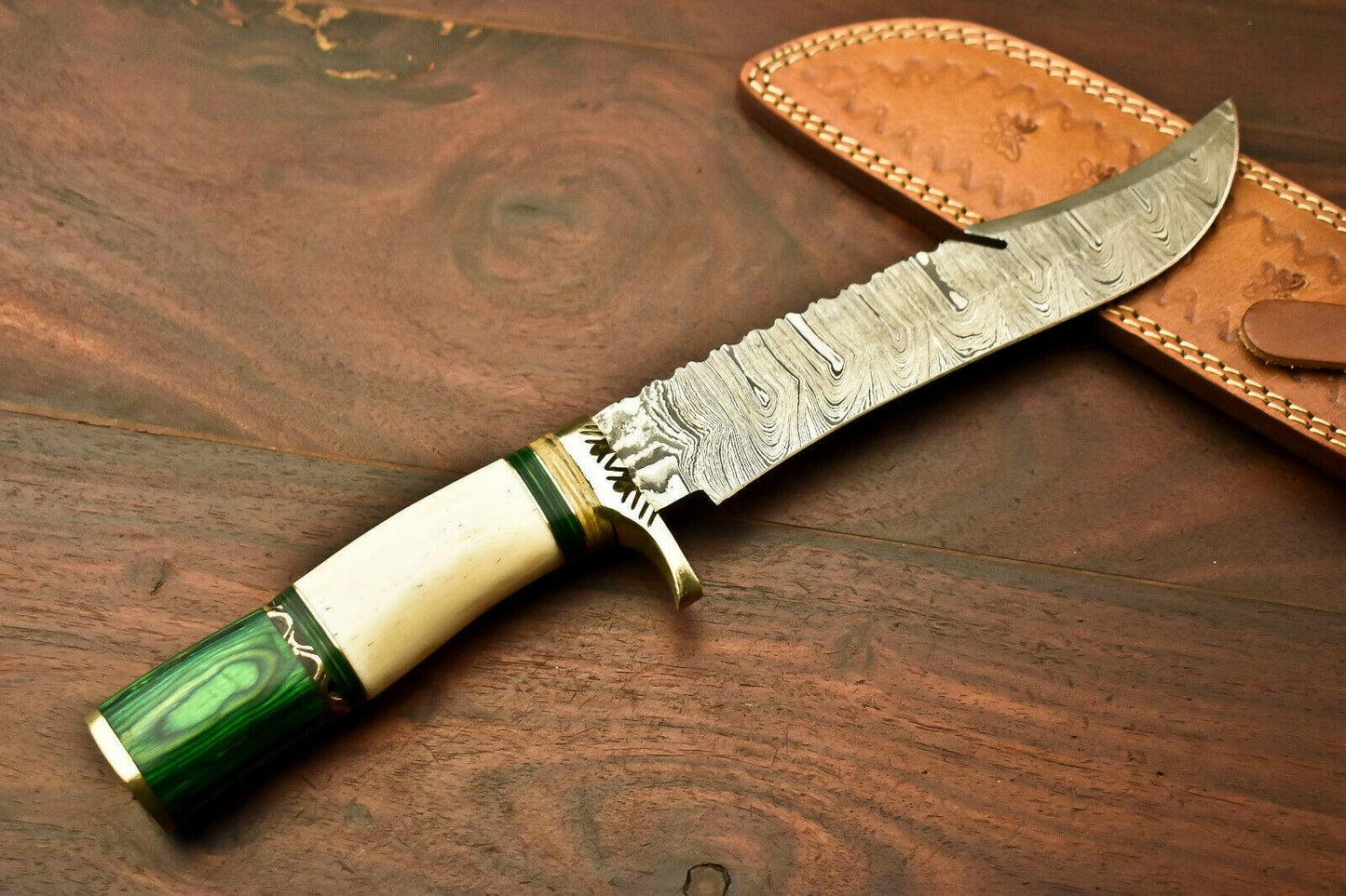 13.5" Handmade Damascus Bowie Knife – Hardwood and Bone Handle & Leather Sheath