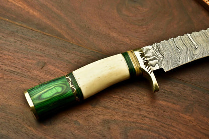 13.5" Handmade Damascus Bowie Knife – Hardwood and Bone Handle & Leather Sheath