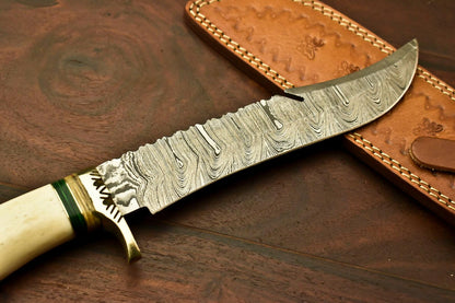 13.5" Handmade Damascus Bowie Knife – Hardwood and Bone Handle & Leather Sheath