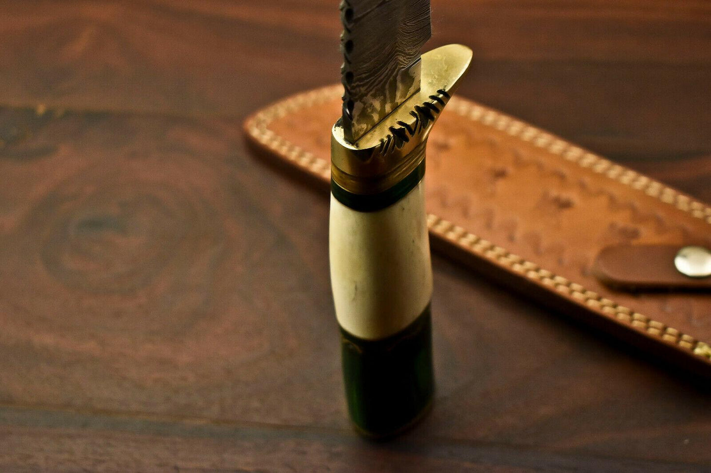 13.5" Handmade Damascus Bowie Knife – Hardwood and Bone Handle & Leather Sheath
