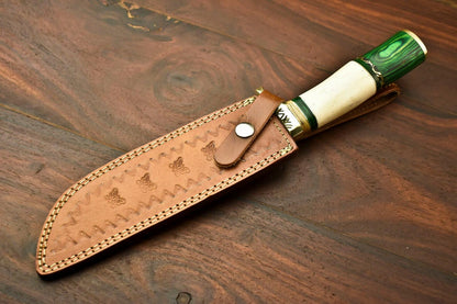 13.5" Handmade Damascus Bowie Knife – Hardwood and Bone Handle & Leather Sheath