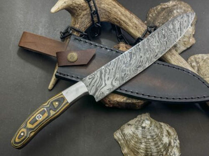 Handmade Damascus Steel Kitchen Chef Knife with Wood Handle & Cow Leather Sheath – Full Tang