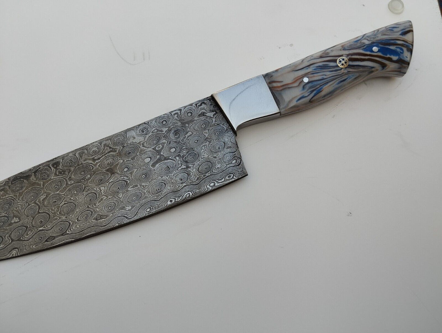 Custom Handmade King’s Damascus Steel Forged Chef Knife – Kitchen Use with Resin Fiber Handle & Leather Sheath