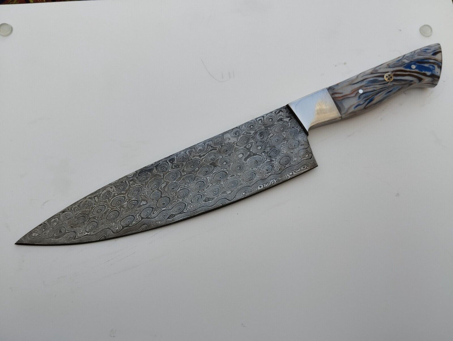 Custom Handmade King’s Damascus Steel Forged Chef Knife – Kitchen Use with Resin Fiber Handle & Leather Sheath