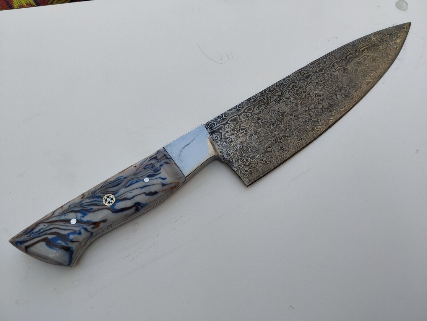 Custom Handmade King’s Damascus Steel Forged Chef Knife – Kitchen Use with Resin Fiber Handle & Leather Sheath