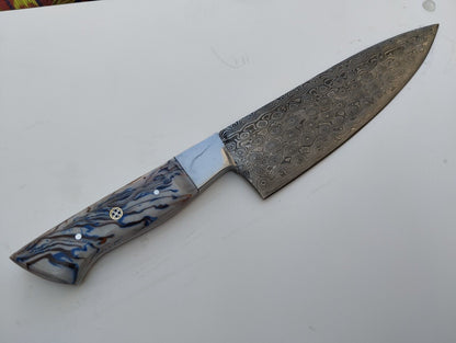 Custom Handmade King’s Damascus Steel Forged Chef Knife – Kitchen Use with Resin Fiber Handle & Leather Sheath