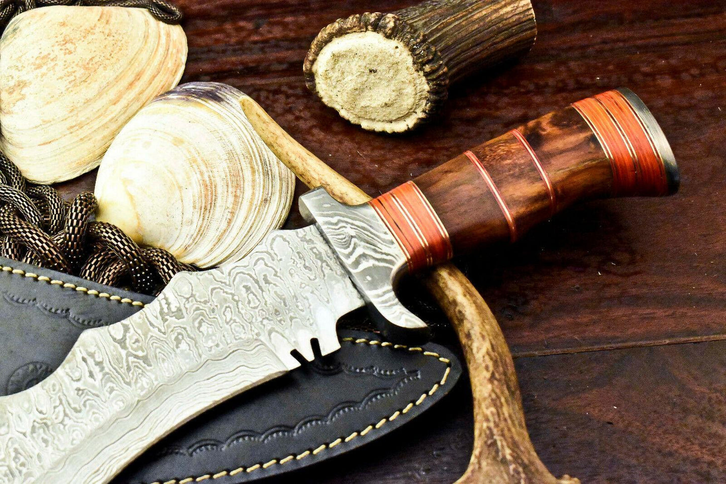 18" Damascus Bowie Hunting Knife – Walnut Wood Handle with Leather Sheath
