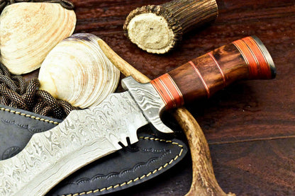 18" Damascus Bowie Hunting Knife – Walnut Wood Handle with Leather Sheath