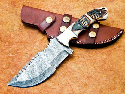 10 Inch Damascus Bowie Knife with Engraved Camel Bone Handle