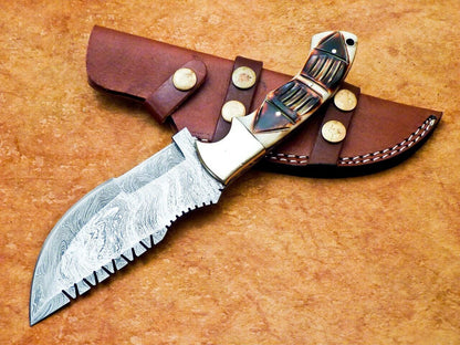 10 Inch Damascus Bowie Knife with Engraved Camel Bone Handle