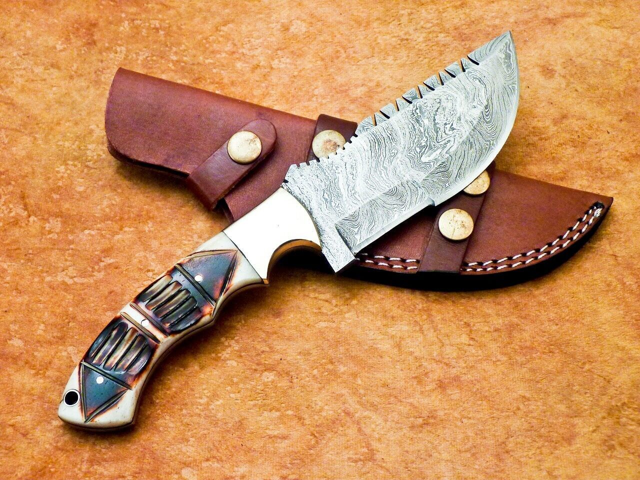 10 Inch Damascus Bowie Knife with Engraved Camel Bone Handle