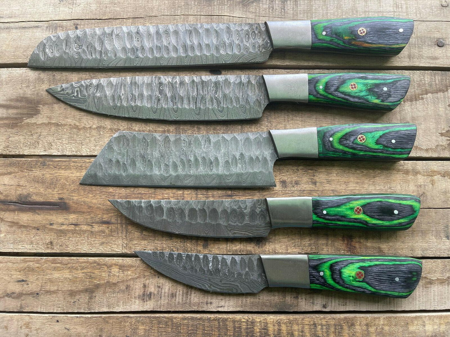 5PCS Handmade Damascus Steel Chef Knife Set – Custom Kitchen Knives with Premium Handles