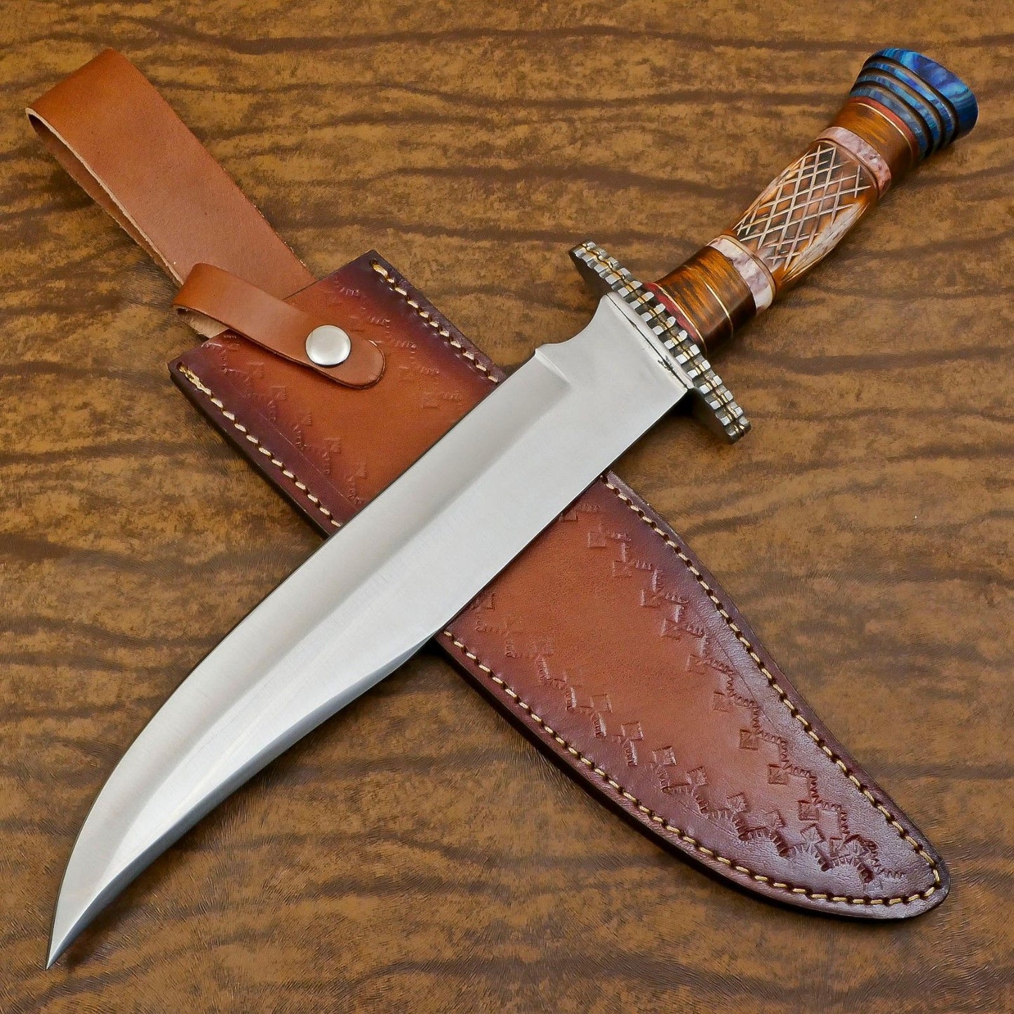 Handmade 12" D2 Steel Clip Point Bowie Hunting Knife – Bone & Wood Handle with Sheath