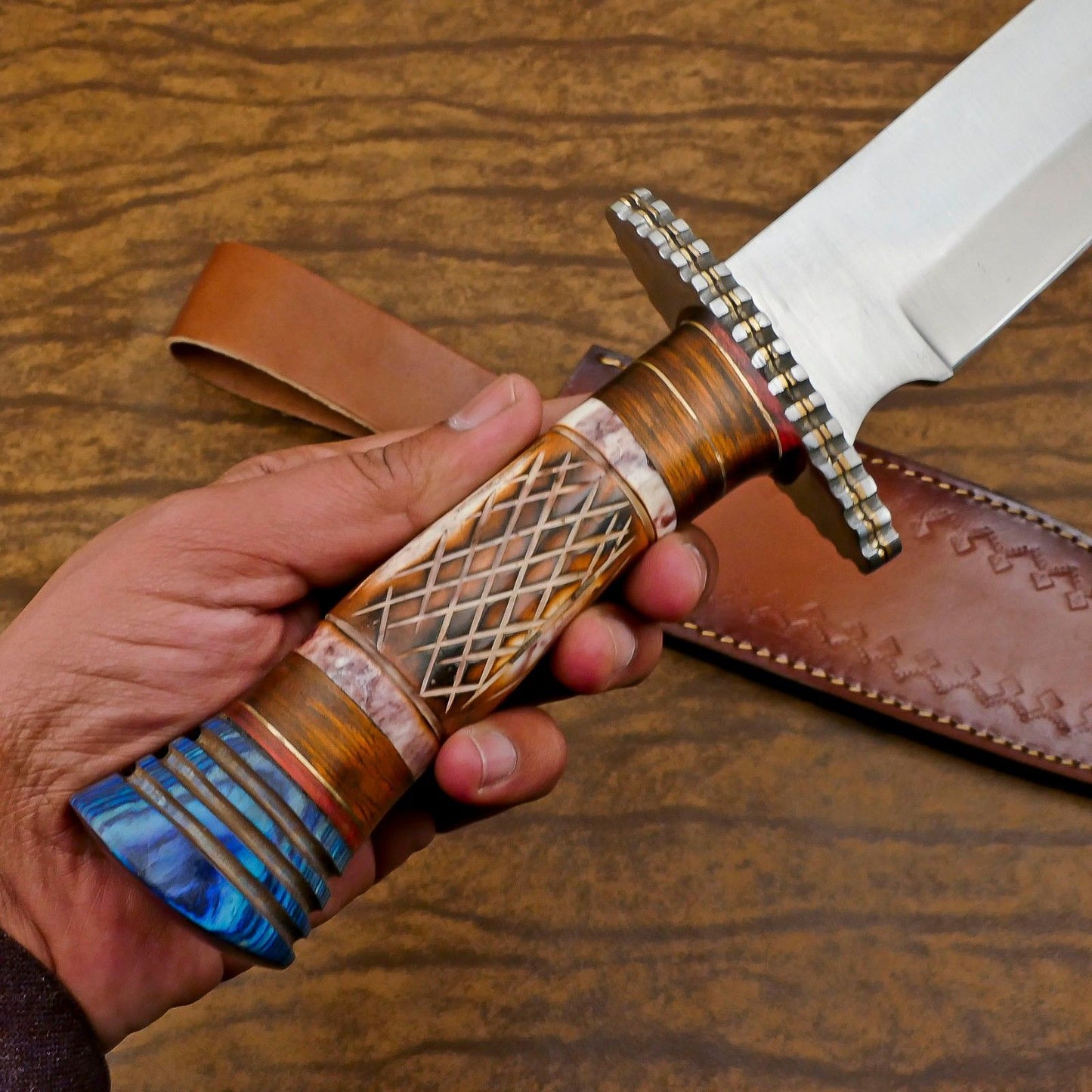 Handmade 12" D2 Steel Clip Point Bowie Hunting Knife – Bone & Wood Handle with Sheath