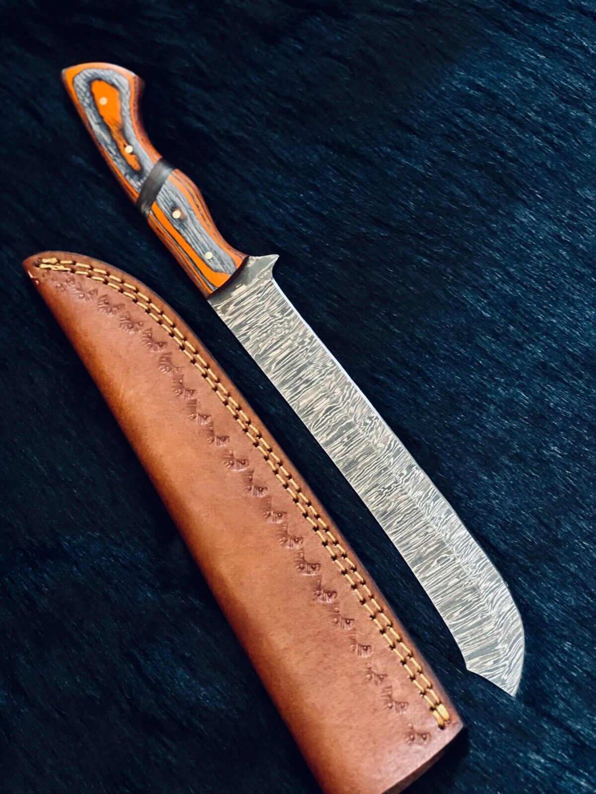 Heritage Forge 13 Inch Fire Damascus Fillet Kitchen Knife with Camel Bone and Wood Handle
