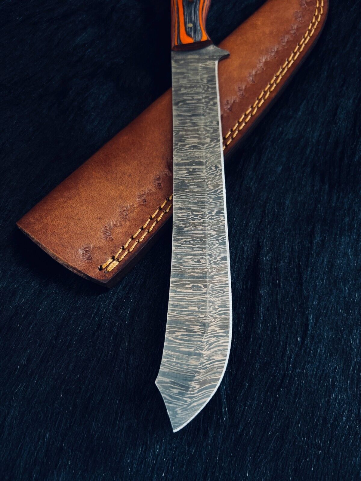 Heritage Forge 13 Inch Fire Damascus Fillet Kitchen Knife with Camel Bone and Wood Handle