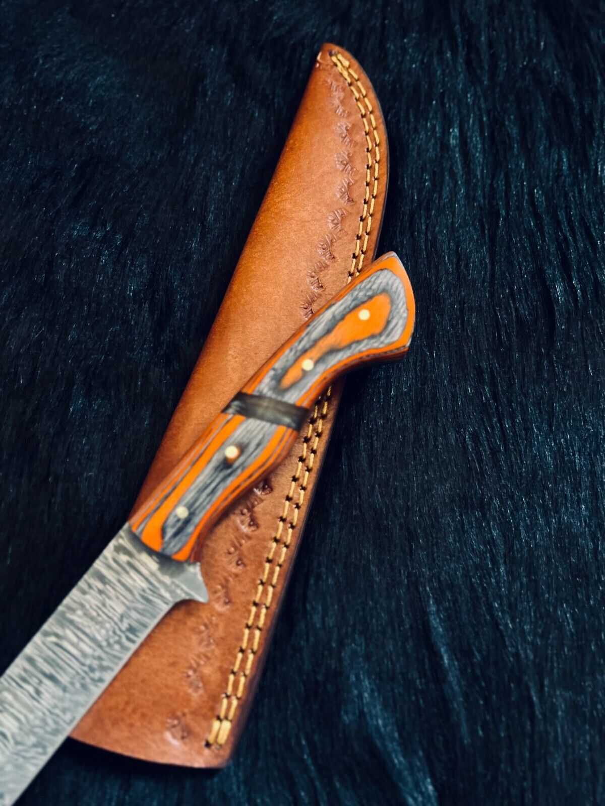 Heritage Forge 13 Inch Fire Damascus Fillet Kitchen Knife with Camel Bone and Wood Handle