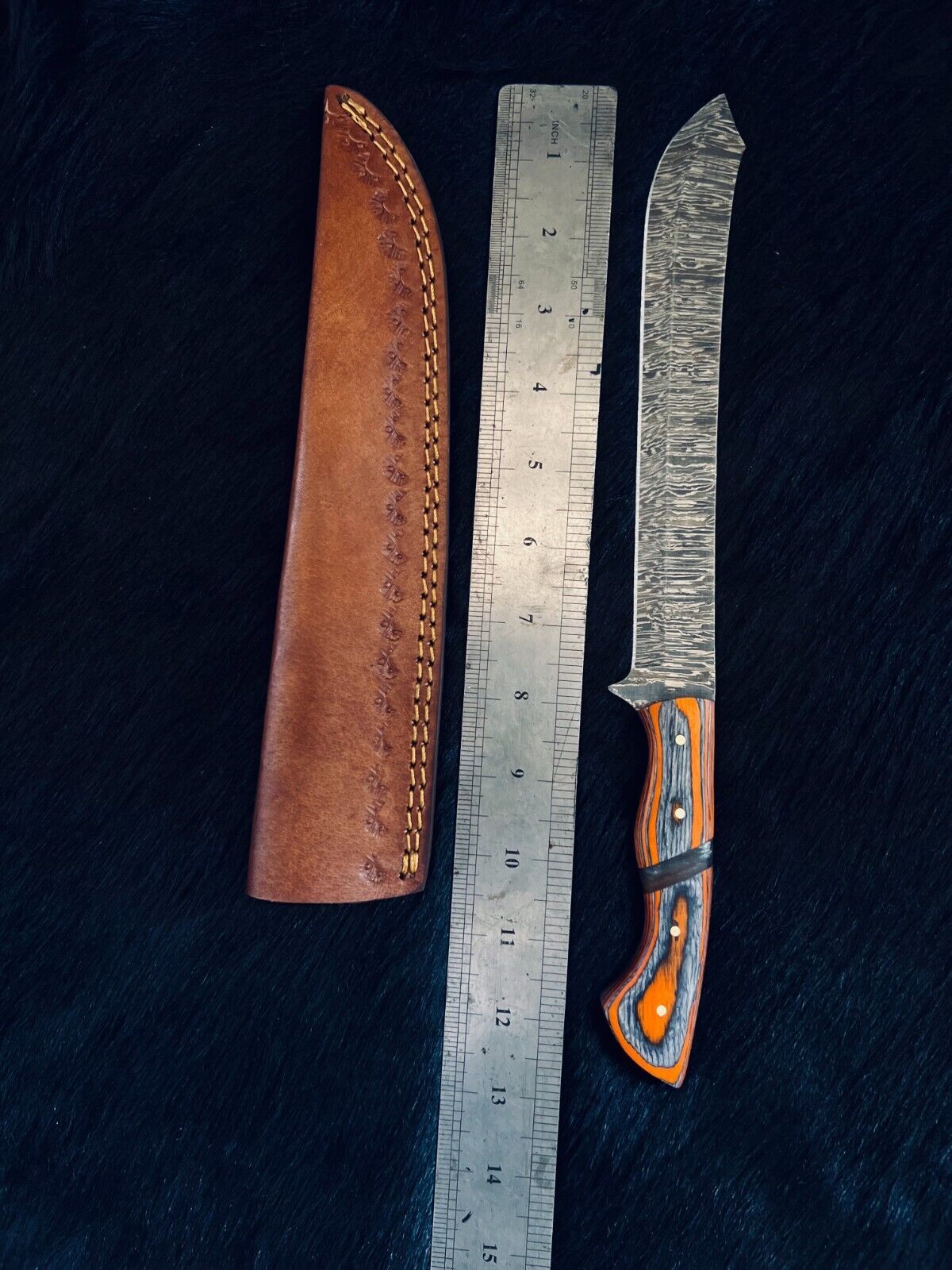 Heritage Forge 13 Inch Fire Damascus Fillet Kitchen Knife with Camel Bone and Wood Handle