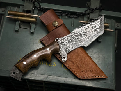 Handmade Damascus Steel Hunting Tracker Knive with Wood Handle and Cow Leather Sheath