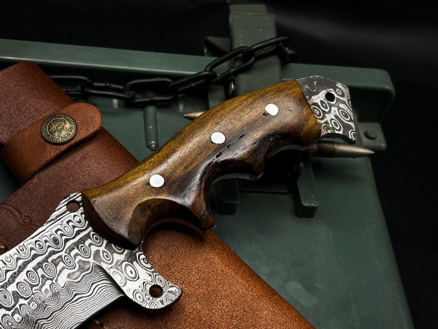 Handmade Damascus Steel Hunting Tracker Knive with Wood Handle and Cow Leather Sheath