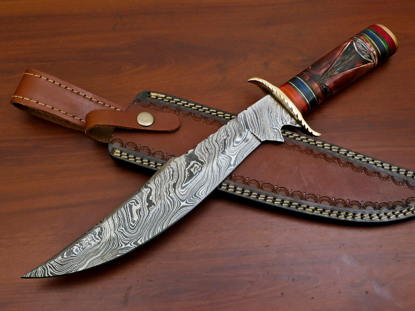 15" Damascus Bowie Knife – Camel Bone and Pakka Wood Handle with Brass Guard