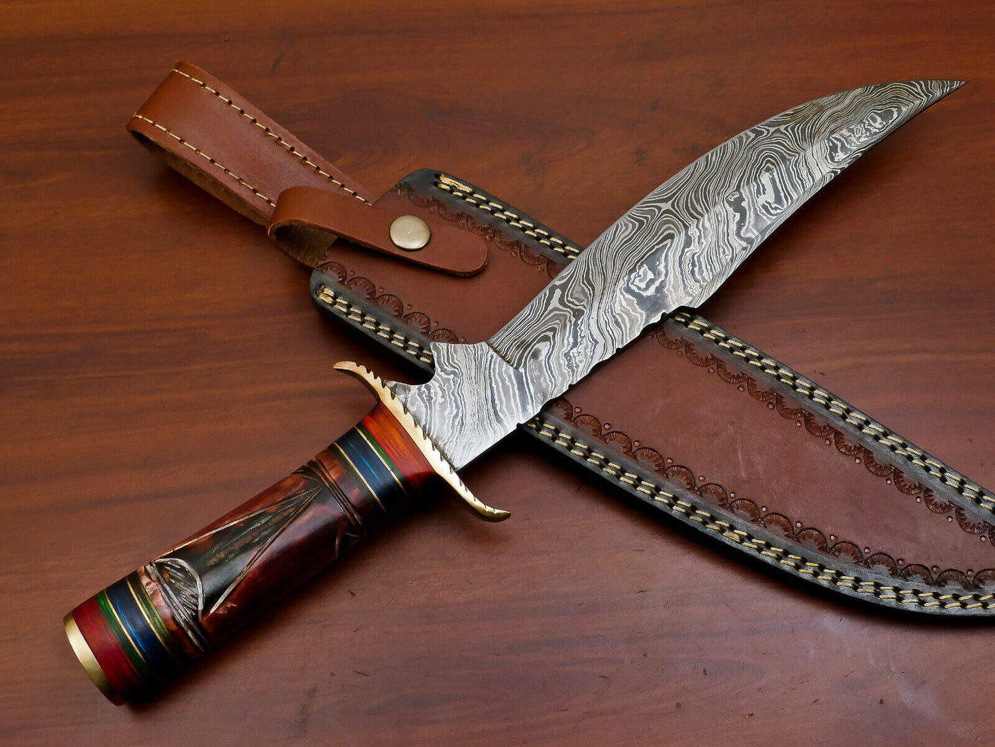 15" Damascus Bowie Knife – Camel Bone and Pakka Wood Handle with Brass Guard