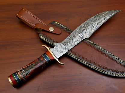 15" Damascus Bowie Knife – Camel Bone and Pakka Wood Handle with Brass Guard