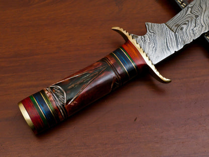 15" Damascus Bowie Knife – Camel Bone and Pakka Wood Handle with Brass Guard