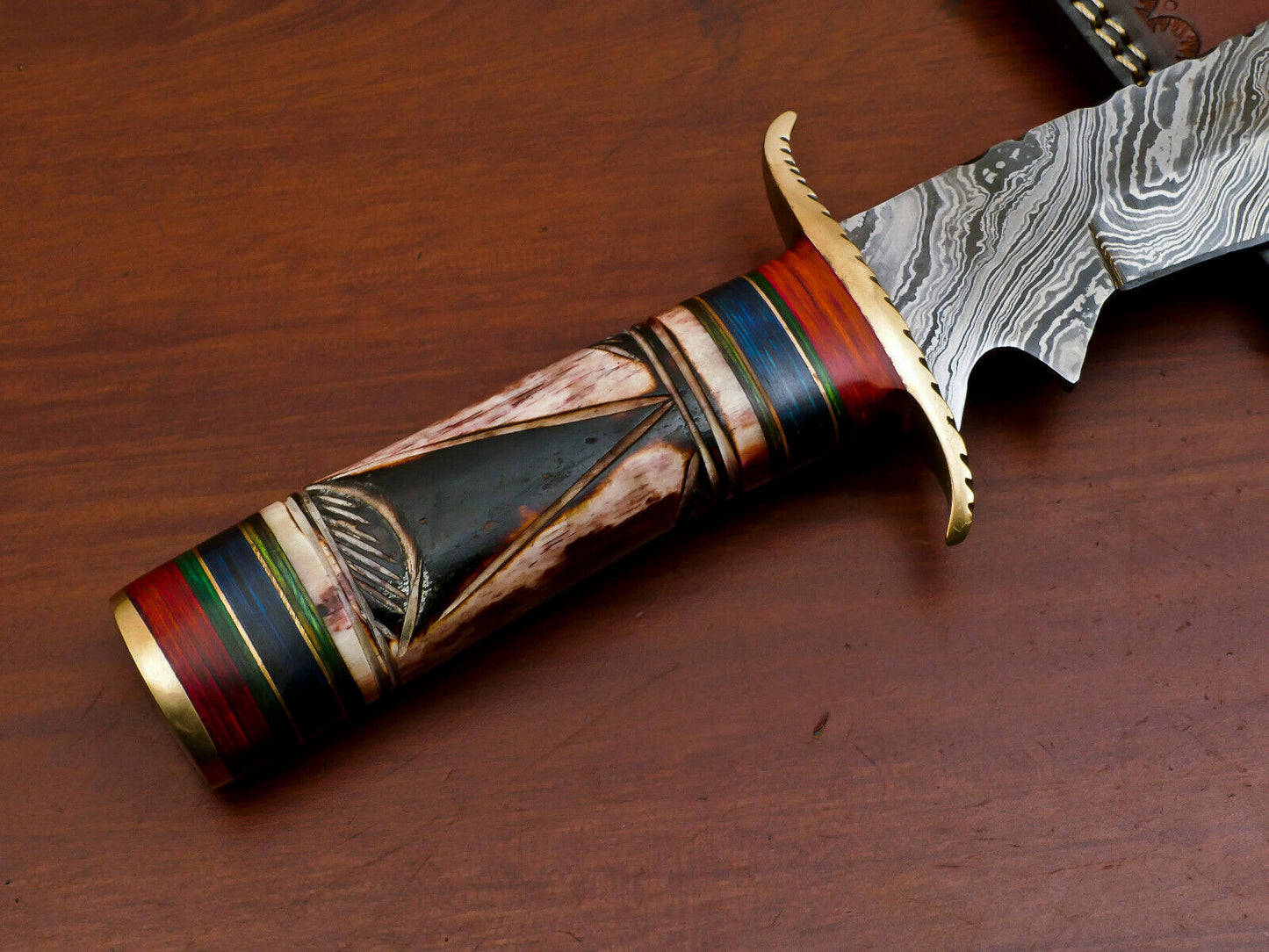 15" Damascus Bowie Knife – Camel Bone and Pakka Wood Handle with Brass Guard