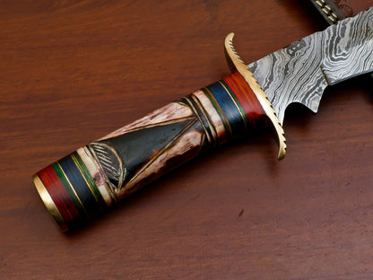 15" Damascus Bowie Knife – Camel Bone and Pakka Wood Handle with Brass Guard