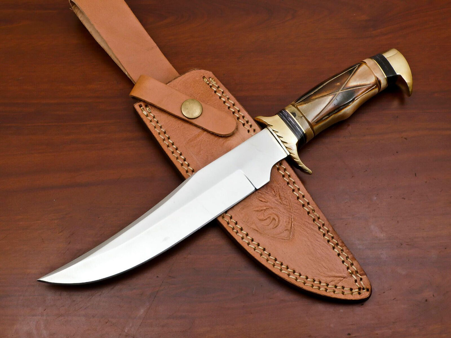 12 Inch Handmade D2 Clip Point Fixed Blade Hunting Bowie Knife with Leather Sheath