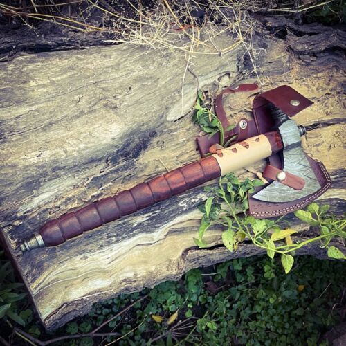 Handmade Damascus Steel Smoking Pipe Axe with Wooden Handle and Leather Sheath – Hunting and Survival Hatchet