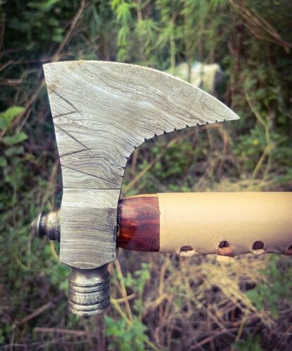 Handmade Damascus Steel Smoking Pipe Axe with Wooden Handle and Leather Sheath – Hunting and Survival Hatchet